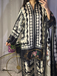 Chic Black & White Digital Print Silk 3-Piece Cord Set