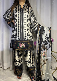 Chic Black & White Digital Print Silk 3-Piece Cord Set