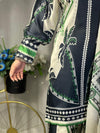 Monochrome Tropical Print Silk 3-Piece Cord Set with Green Accents