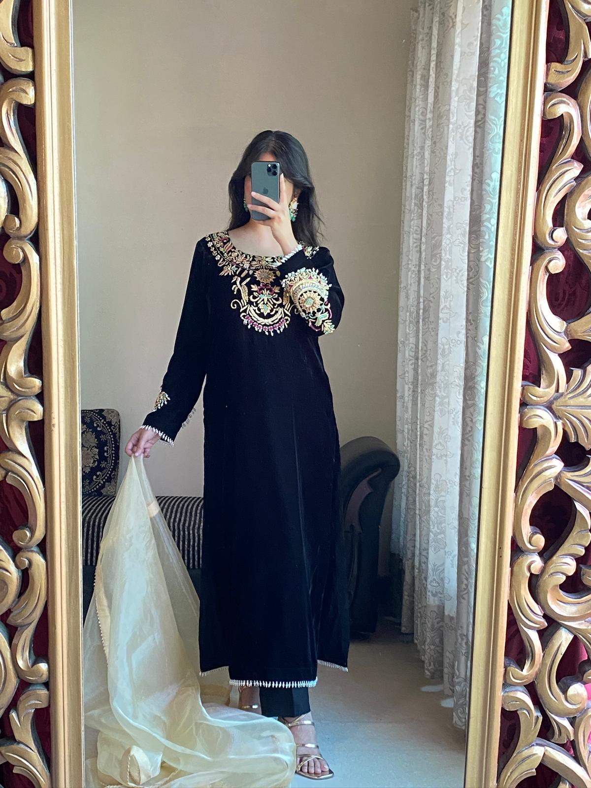 Luxurious Black Velvet 3-Piece Suit with Sequin & Motif Embroidery