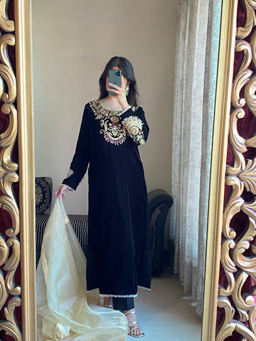 Luxurious Black Velvet 3-Piece Suit with Sequin & Motif Embroidery