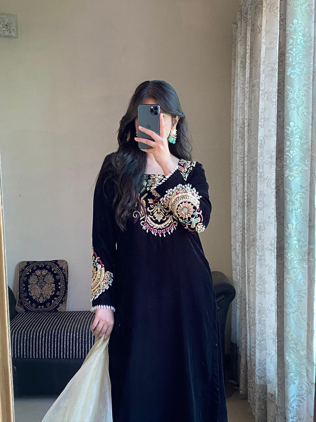Luxurious Black Velvet 3-Piece Suit with Sequin & Motif Embroidery