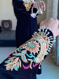 Luxurious Black Velvet 3-Piece Suit with Sequin & Motif Embroidery