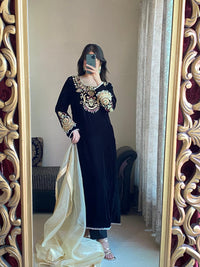Luxurious Black Velvet 3-Piece Suit with Sequin & Motif Embroidery