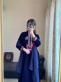 Elegant Navy Blue Velvet 3-Piece Suit with Vibrant Thread & Machine Work