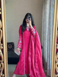 Striking Shocking Pink Shisha Silk 3-Piece Suit with Motif & Beads Work