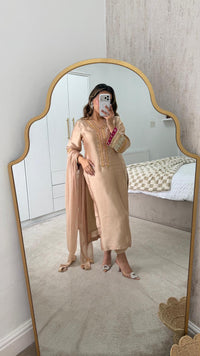 Elegant Light Golden Silk 3-Piece Party Wear Suit with Embellishments