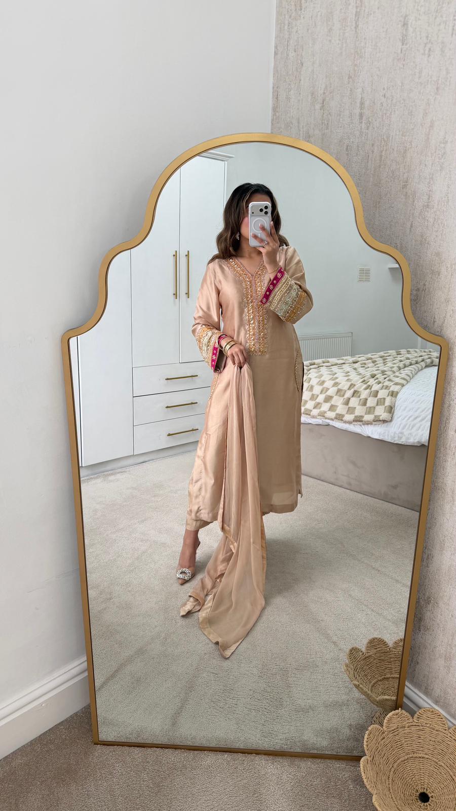 Elegant Light Golden Silk 3-Piece Party Wear Suit with Embellishments