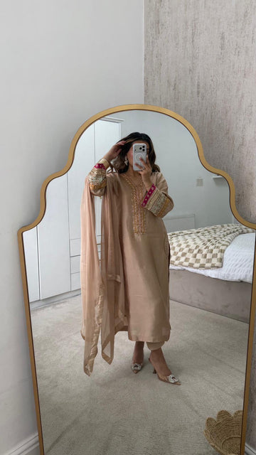 Elegant Light Golden Silk 3-Piece Party Wear Suit with Embellishments