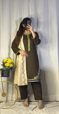 Elegant Chocolate Brown Dhanak Suit with Matching Embroidered Shawl