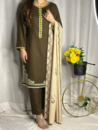 Elegant Chocolate Brown Dhanak Suit with Matching Embroidered Shawl