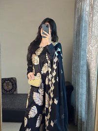 Statement Black Raw Silk Suit with Dual-Tone Gold & Silver Sequin Leaves