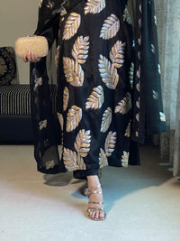 Statement Black Raw Silk Suit with Dual-Tone Gold & Silver Sequin Leaves