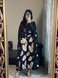 Statement Black Raw Silk Suit with Dual-Tone Gold & Silver Sequin Leaves