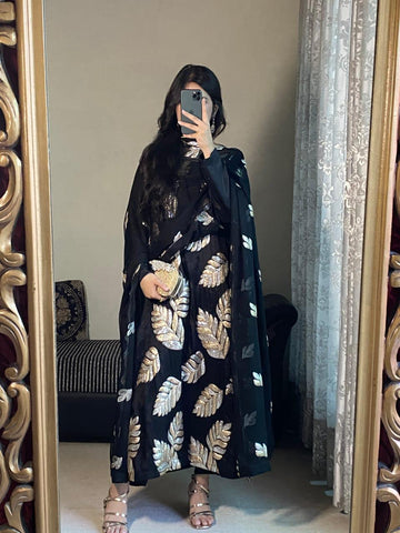 Statement Black Raw Silk Suit with Dual-Tone Gold & Silver Sequin Leaves