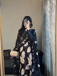 Statement Black Raw Silk Suit with Dual-Tone Gold & Silver Sequin Leaves