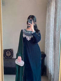 Dark Green Velvet Suit with Elegant Silver Embroidery Premium Party Wear