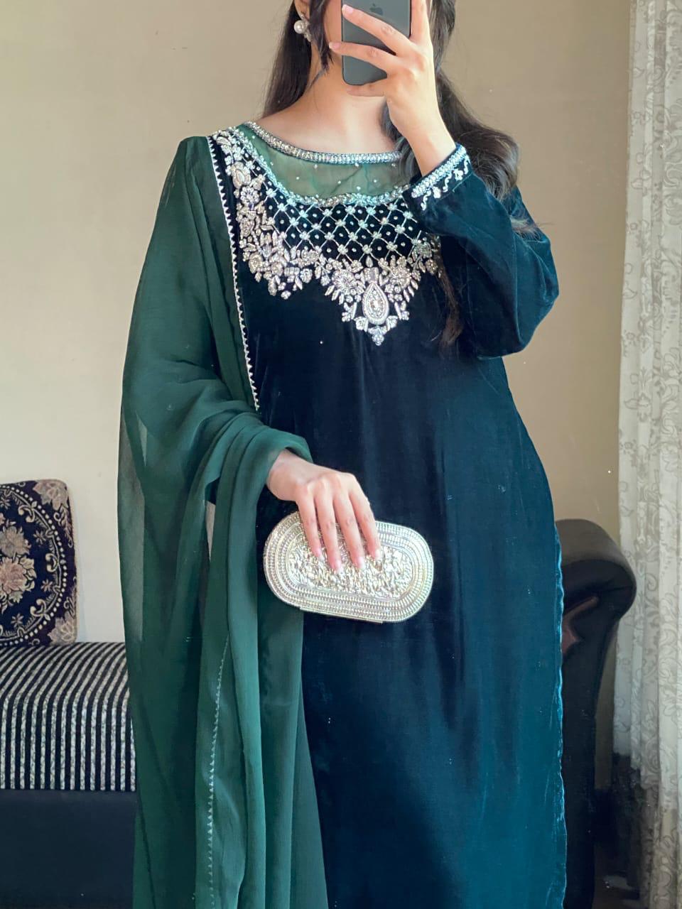 Dark Green Velvet Suit with Elegant Silver Embroidery Premium Party Wear