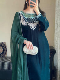 Dark Green Velvet Suit with Elegant Silver Embroidery Premium Party Wear