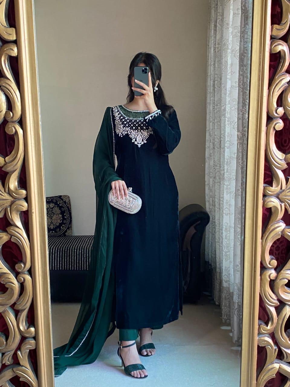 Dark Green Velvet Suit with Elegant Silver Embroidery Premium Party Wear