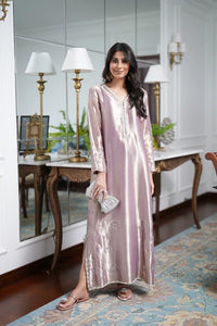 Luxe Metallic Rose Tissue Long Kaftan-Style Shirt with Intricate Embellishments