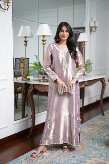 Luxe Metallic Rose Tissue Long Kaftan-Style Shirt with Intricate Embellishments