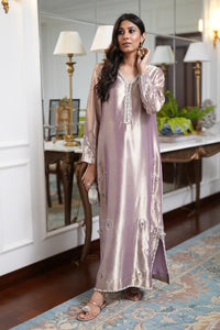 Luxe Metallic Rose Tissue Long Kaftan-Style Shirt with Intricate Embellishments