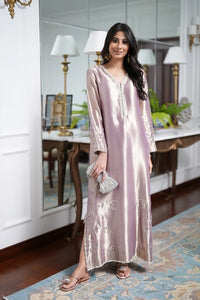 Luxe Metallic Rose Tissue Long Kaftan-Style Shirt with Intricate Embellishments
