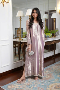 Luxe Metallic Rose Tissue Long Kaftan-Style Shirt with Intricate Embellishments