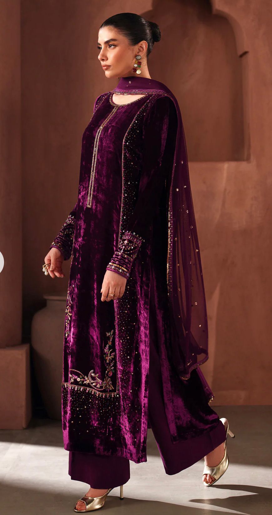 Royal Deep Plum Embroidered Velvet 3-Piece Suite – Winter Festive Edition