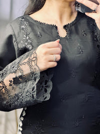 Exquisite Black Georgette Embroidered Suit with Moti Work & Heavy Floral Dupatta