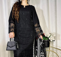 Exquisite Black Georgette Embroidered Suit with Moti Work & Heavy Floral Dupatta