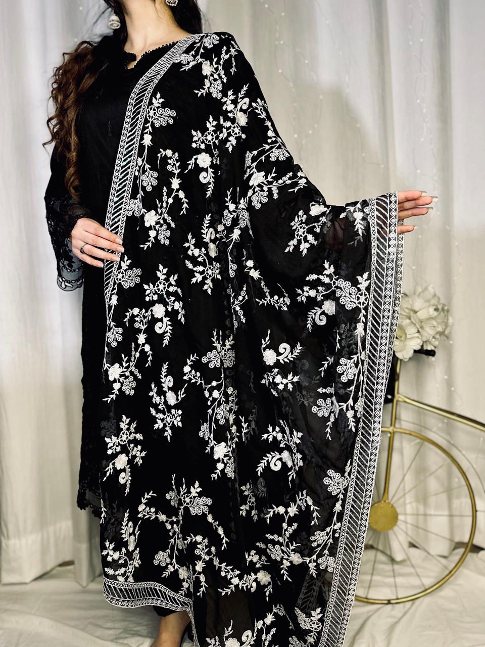 Exquisite Black Georgette Embroidered Suit with Moti Work & Heavy Floral Dupatta