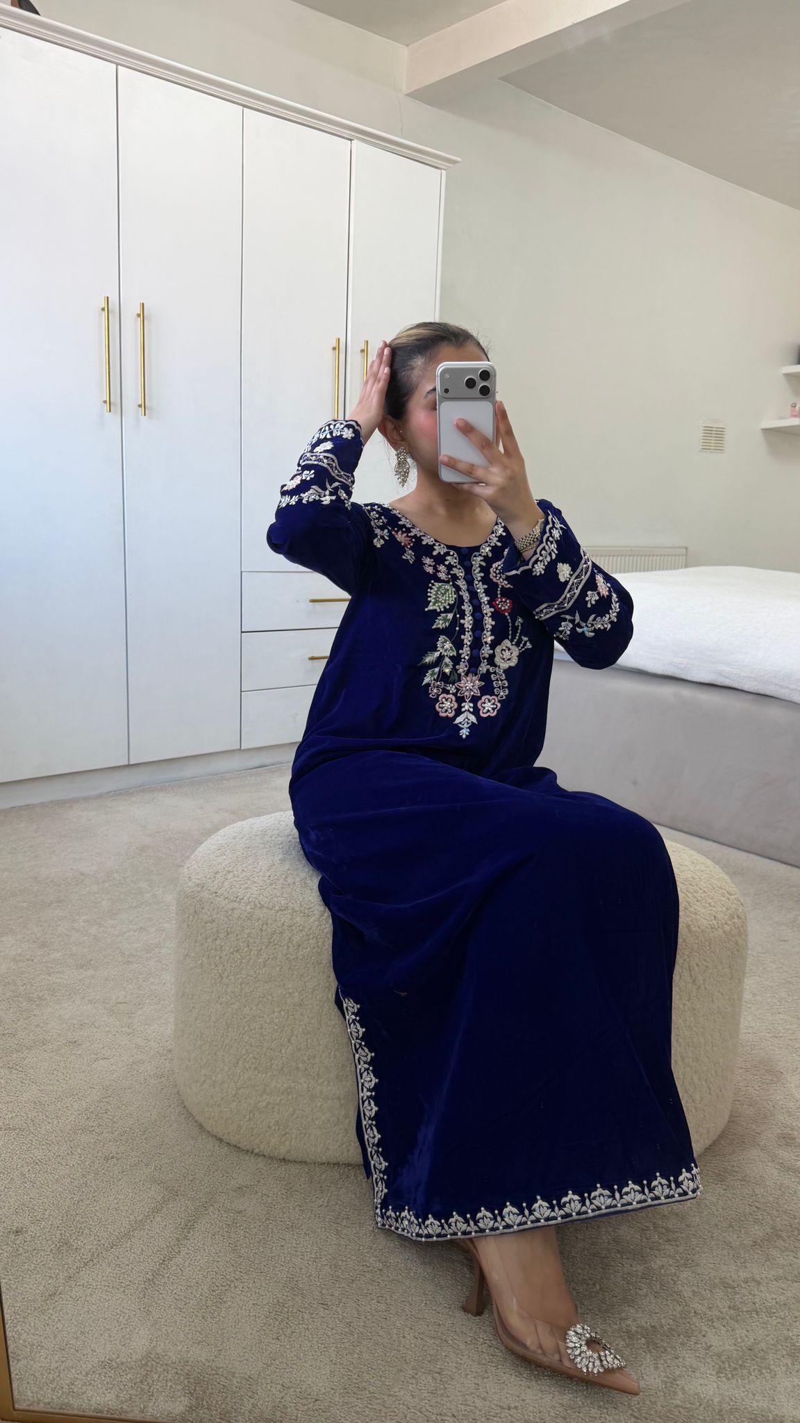 Royal Blue Classy Embroidered Kaftan | Luxury 2-Piece Velvet Set