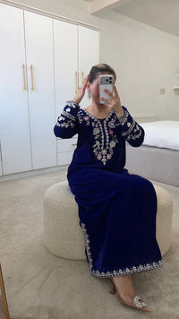 Royal Blue Classy Embroidered Kaftan | Luxury 2-Piece Velvet Set