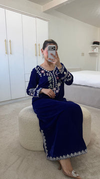 Royal Blue Classy Embroidered Kaftan | Luxury 2-Piece Velvet Set