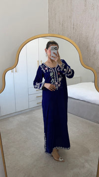 Royal Blue Classy Embroidered Kaftan | Luxury 2-Piece Velvet Set
