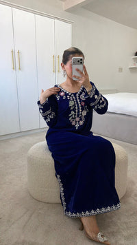Royal Blue Classy Embroidered Kaftan | Luxury 2-Piece Velvet Set