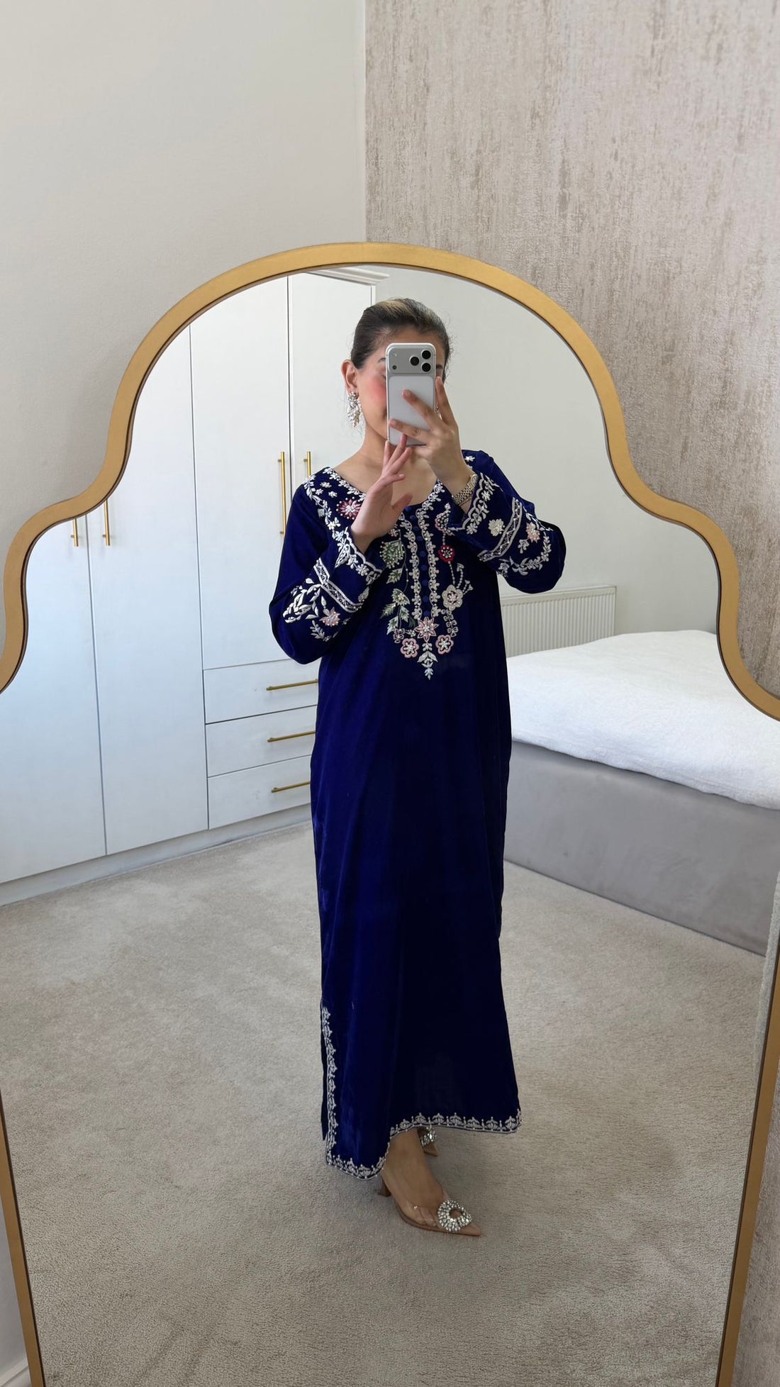 Royal Blue Classy Embroidered Kaftan | Luxury 2-Piece Velvet Set