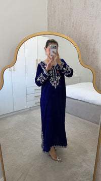 Royal Blue Classy Embroidered Kaftan | Luxury 2-Piece Velvet Set