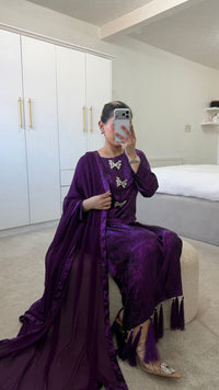 Royal Plum Purple Silk Outfit | Elegant 3-Piece Festive Wear with Tassels