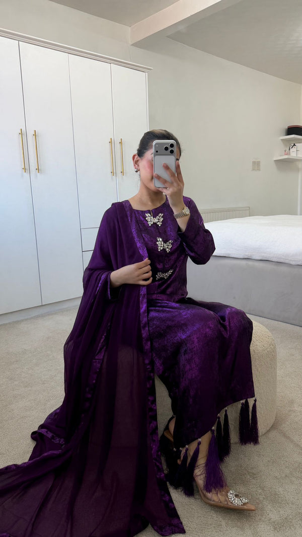 Royal Plum Purple Silk Outfit | Elegant 3-Piece Festive Wear with Tassels