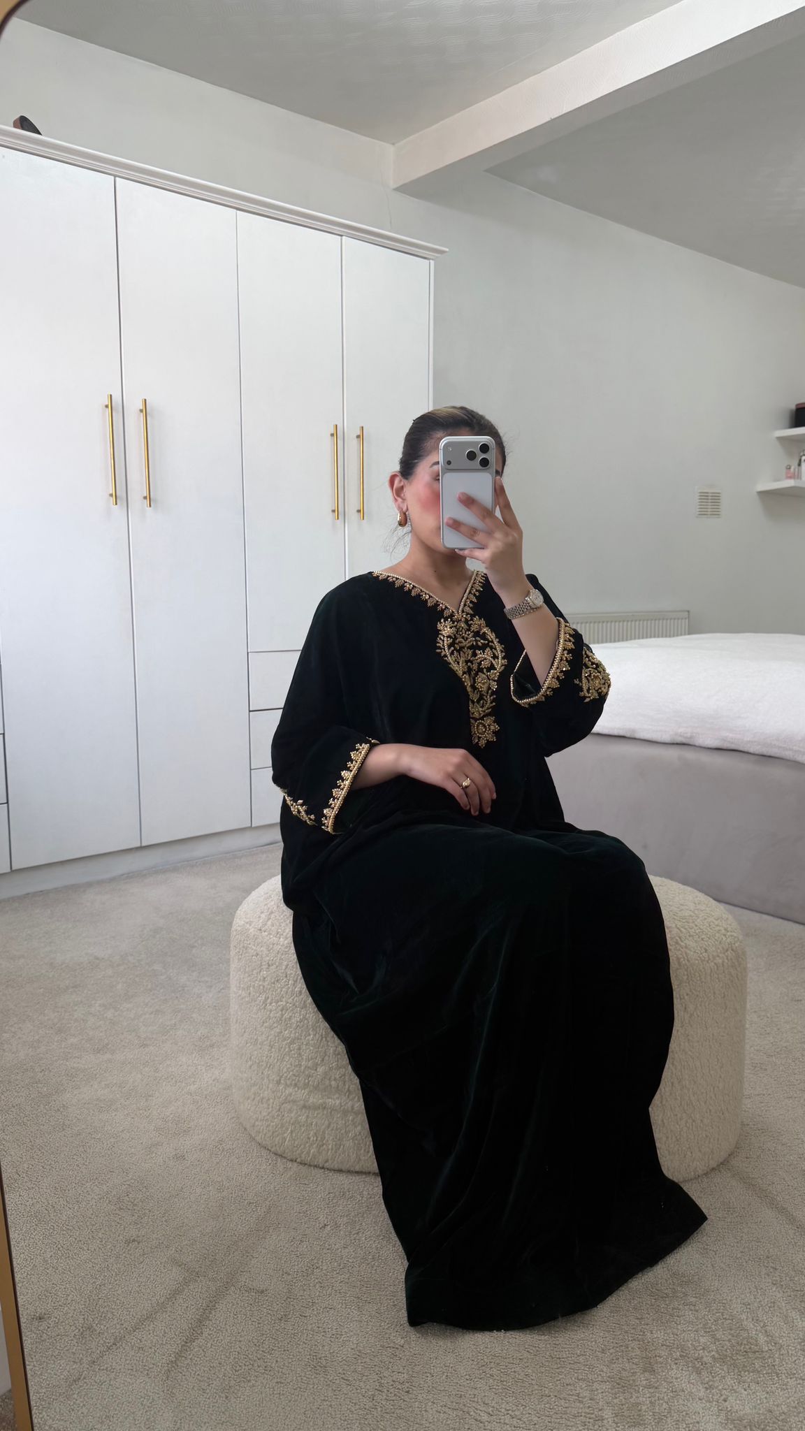 Luxury Bottle Green Velvet Kaftan | Elegant 2-Piece Gold Embroidered Set