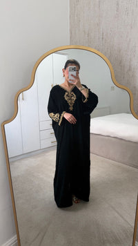 Luxury Bottle Green Velvet Kaftan | Elegant 2-Piece Gold Embroidered Set