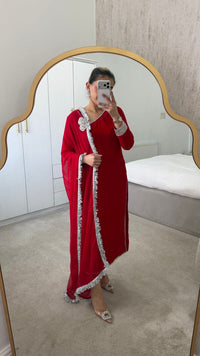 Vibrant Crimson Red Velvet Suit | 3-Piece Elegant Party Wear