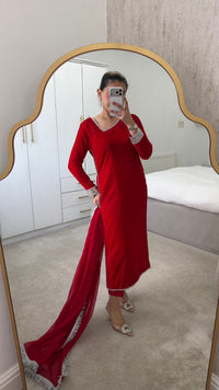 Vibrant Crimson Red Velvet Suit | 3-Piece Elegant Party Wear