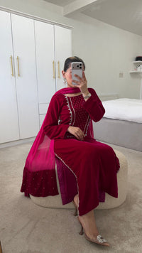 Deep Maroon Pearl-Embellished Velvet Suit | 3-Piece Luxury Festive Set