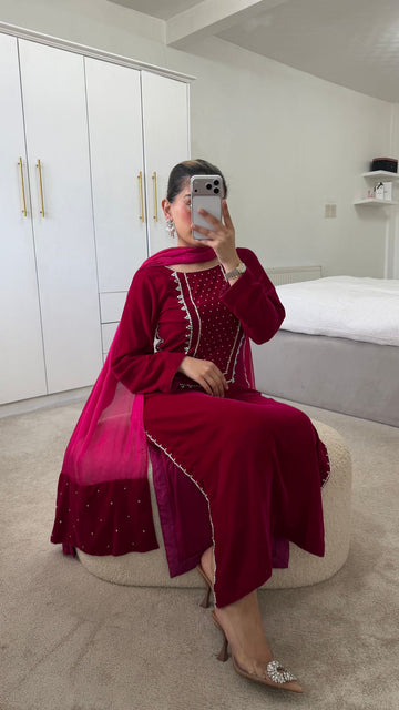 Deep Maroon Pearl-Embellished Velvet Suit | 3-Piece Luxury Festive Set