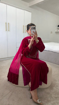 Deep Maroon Pearl-Embellished Velvet Suit | 3-Piece Luxury Festive Set