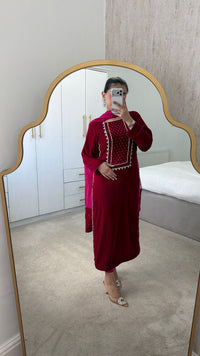 Deep Maroon Pearl-Embellished Velvet Suit | 3-Piece Luxury Festive Set